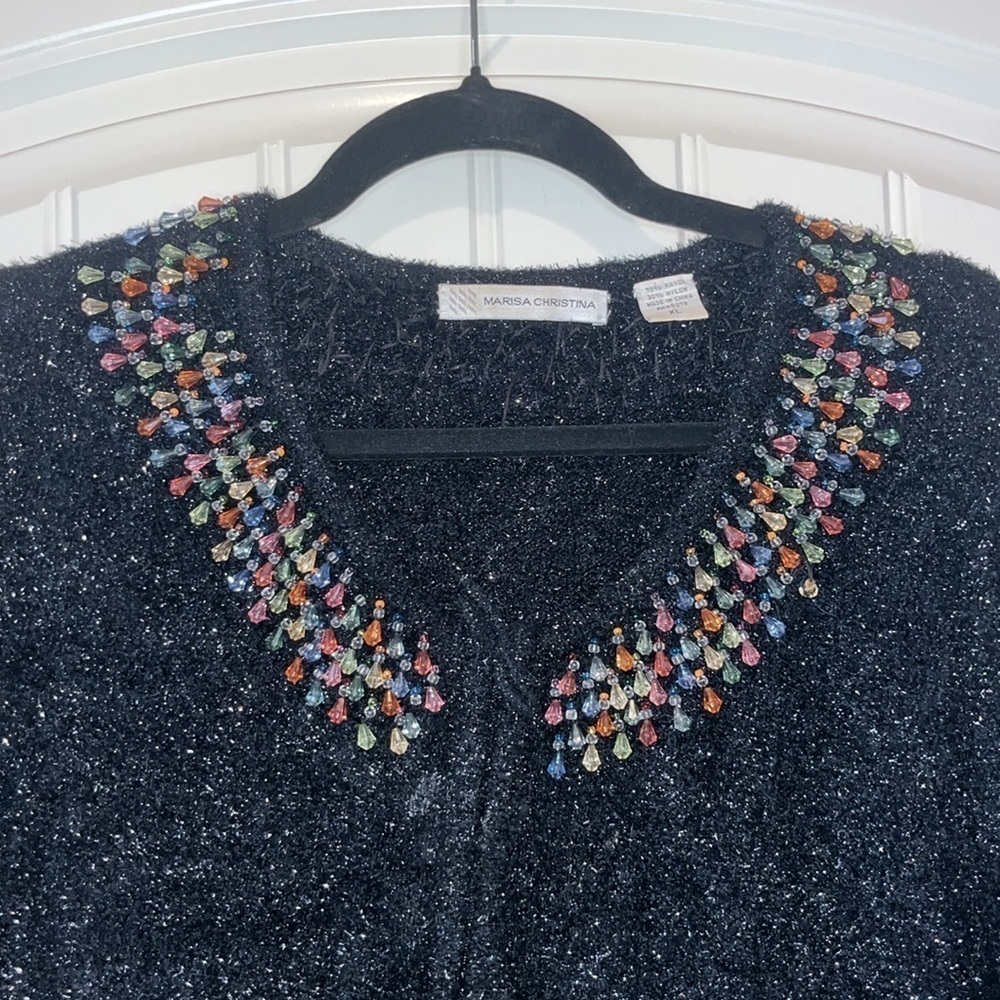 black metallic zip Marisa Christina sweater beautiful multicolor beads XL